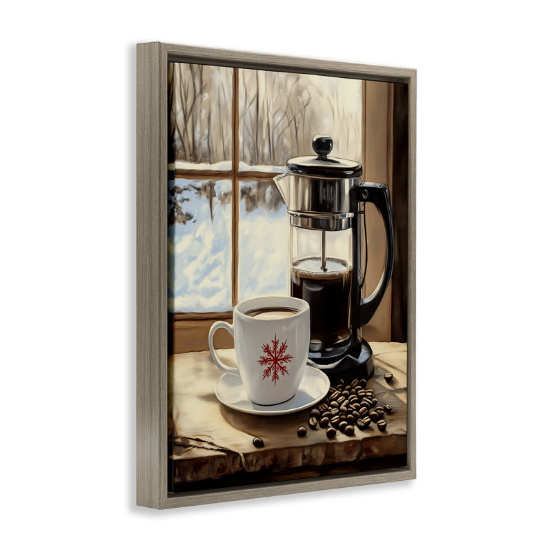 Cadre flottant café Winter French Press, design par Arlington Prints, H 31 po x l 25 po, Cadre flottant orme Montalcino