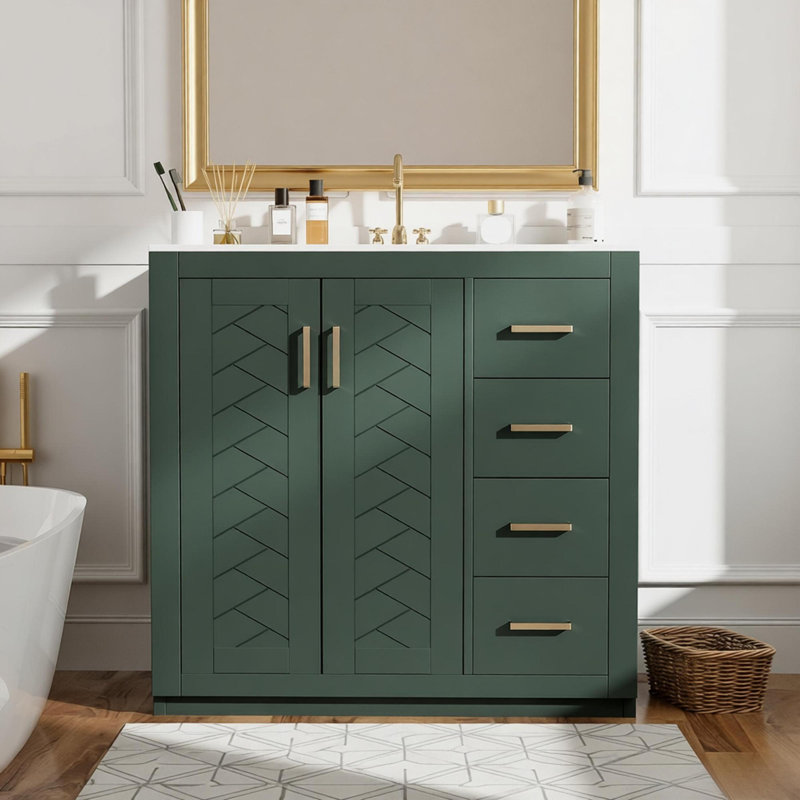 Ensemble de meuble-lavabo 36 po avec lavabo en céramique, armoire de rangement en bois massif, ensemble de meuble-lavabo autoportant avec 3 tiroirs et portes à fermeture douce