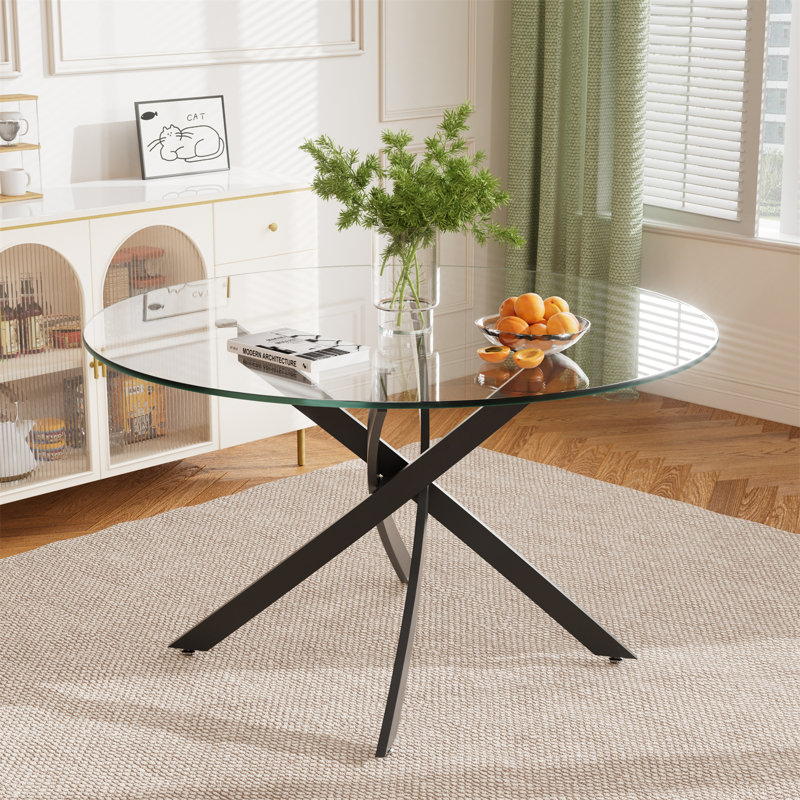 Table de salle à manger ronde en verre pour 4-6, base en métal robuste avec protecteurs de plancher antidérapants réglables - Table de cuisine moderne pour salle à manger, appartement, maison, condo