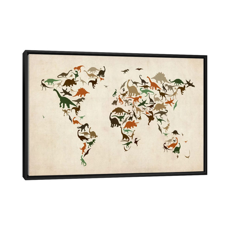 «Dinosaurus Map of the World III», impression sur toile, H 32 po x l 48 po x P 1,5 po, Toile avec cadre noir, Pas de tapis
