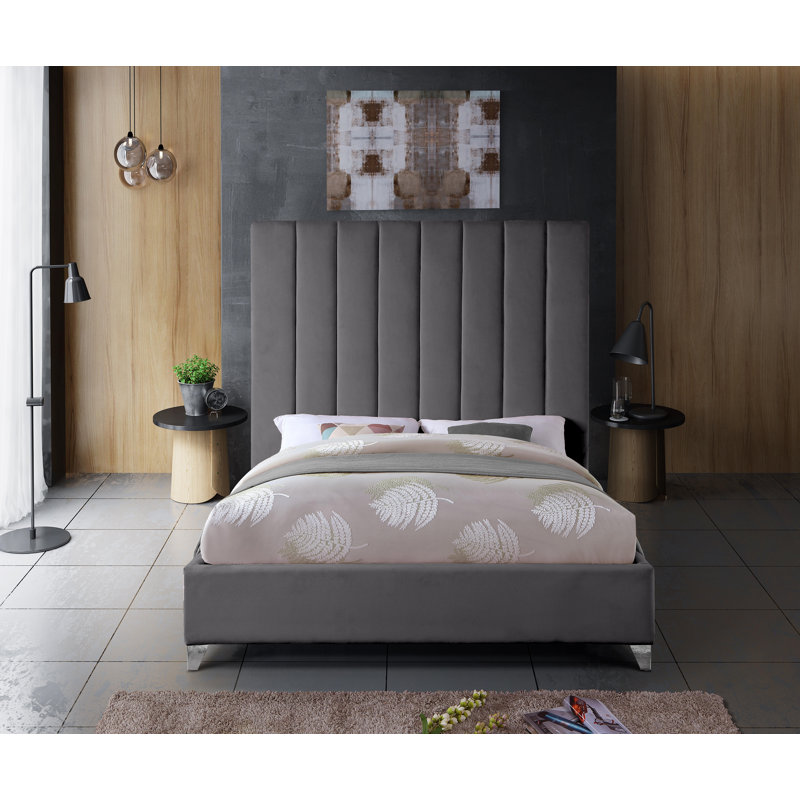 Lit plateforme tapissier Sibert, Très grand, Velours gris