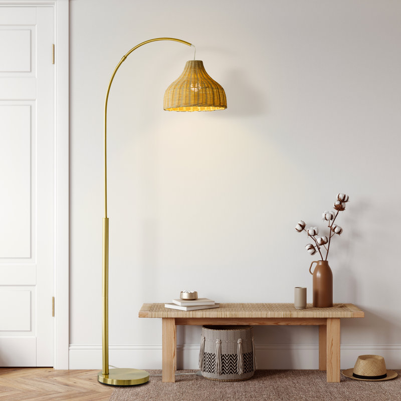 Lark 75 in. Weighted Base LED Arched Standing Floor Lamp with Boho Rattan Shade, Brass