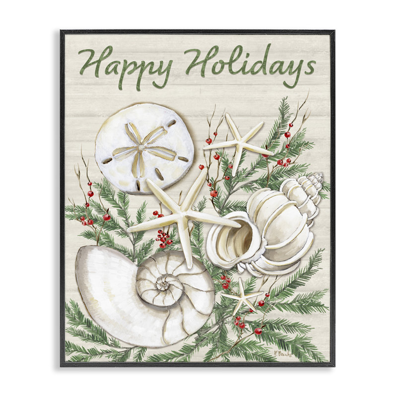  Holiday Seashells & Holly Grey Framed Giclee Art by Paul Brent, H 14 po x l 11 po, Giclée encadrée noir minuit