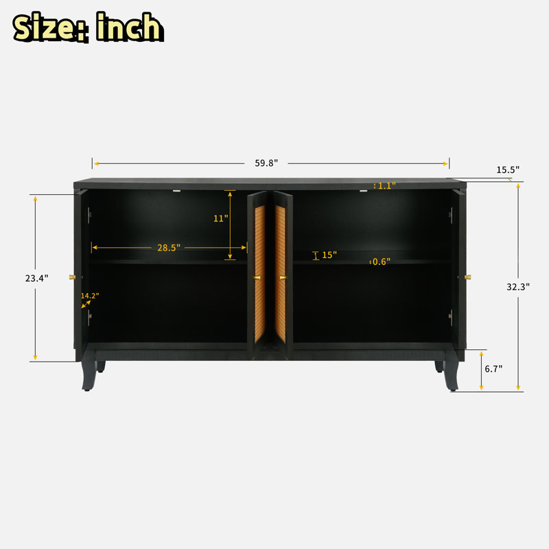 Retro Sideboard With 4 Rattan Doors And Adjustable Shelves