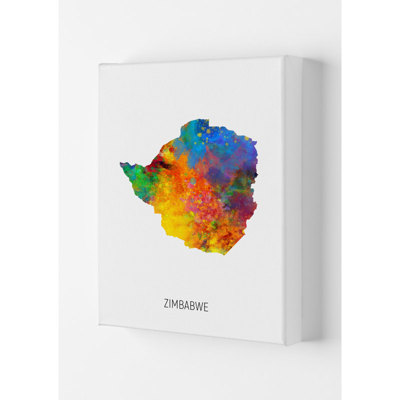 Zimbabwe Watercolour Map by Michael Tompsett - Print, 29.7cm H x 21cm W x 4cm D, Wrapped Canvas