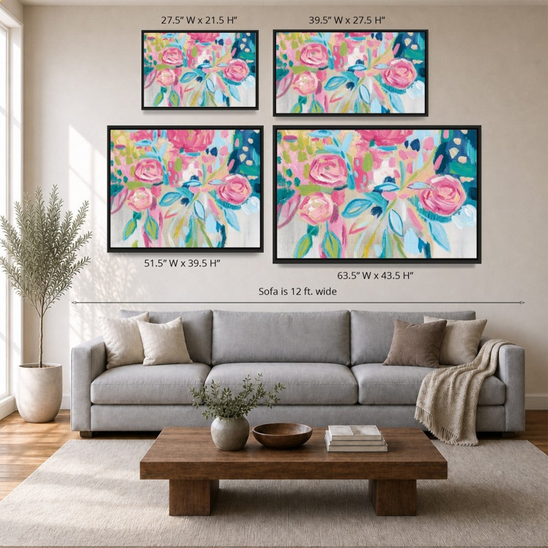 «Summer Pink Floral» par Farida Zaman - Impression sur toile, 44" H x 64" W, Black