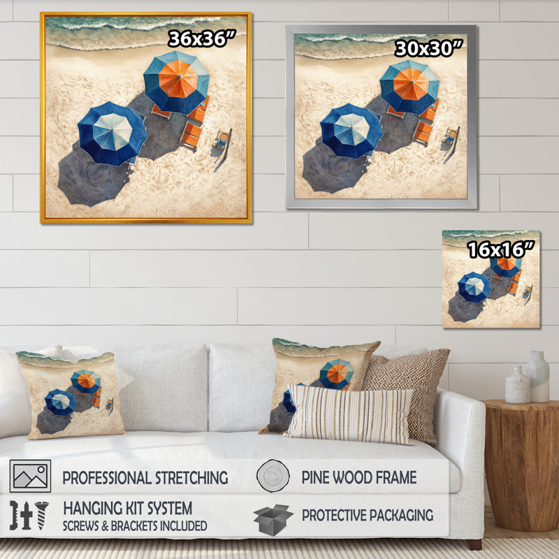 «Beachside Chairs And Umbrellas V», reproduction sur toile, H 16 po x l 16 po x P 1 po, Cadre photo noir