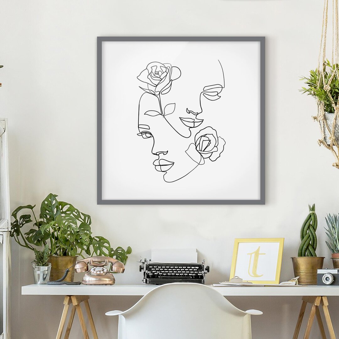 Gerahmtes Poster Line Art Faces Women Roses Black White