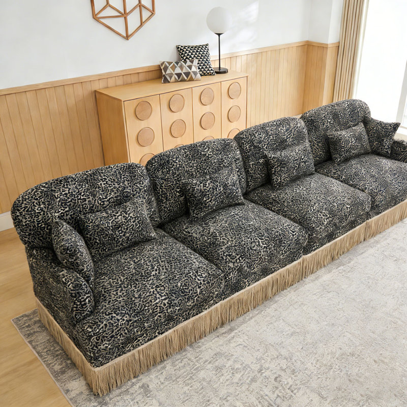 Comfy Chenille Leopard Printing Sofa,Delicate Tassel Edge,Movable Ottomans,Modern Fashion Style, khaki+4seat