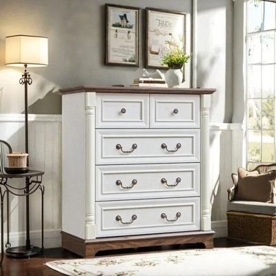 5 Drawer 31.5" W Dresser, White And Brown Chest Of Drawers, Rustic Wood Storage Dresser by Charlton Home