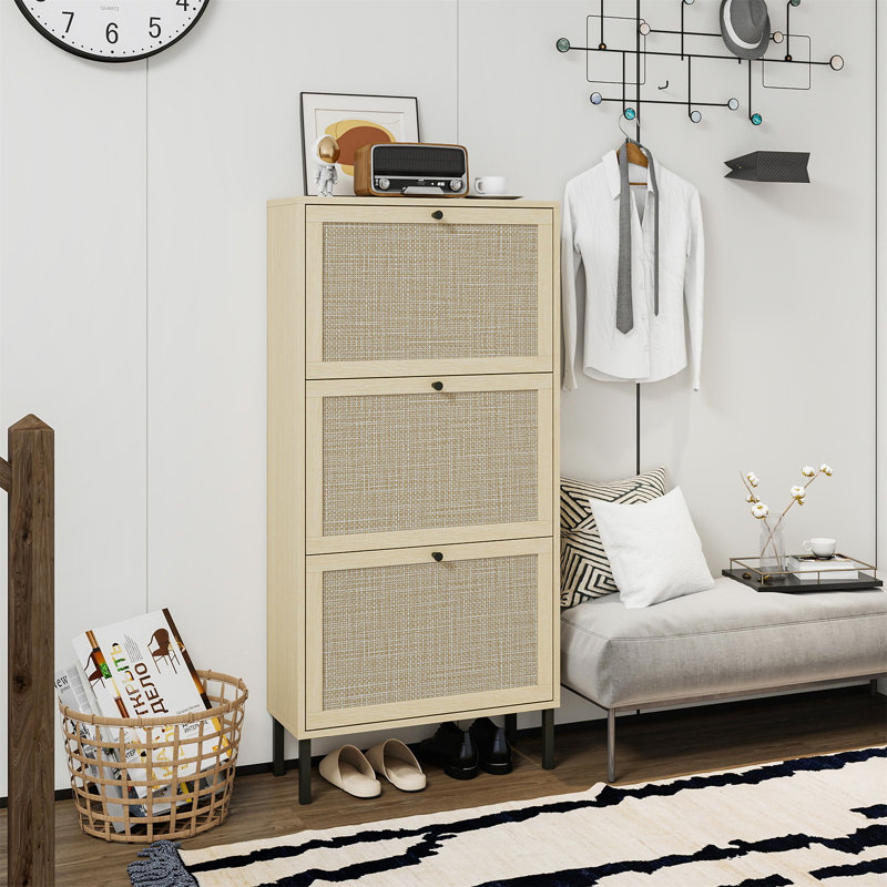 Étagère à chaussures en rotin 3 portes, armoire de rangement pour chaussures moderne autoportante, Naturel/noir