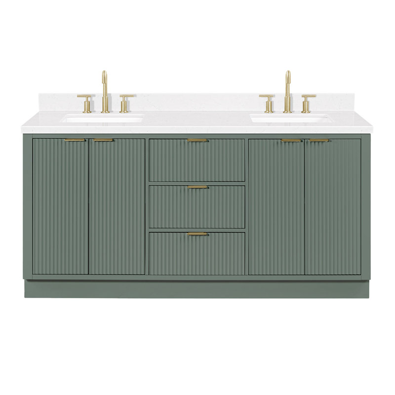 Meuble-lavabo double en bois massif 72 po avec plateau en quartz Carrara de 1,5 po Haun, Rectangulaire, Vert rétro