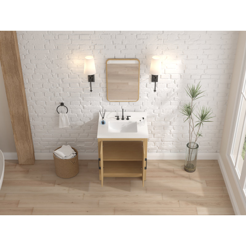 Meuble-lavabo simple 30 po en chêne clair Sandi avec comptoir en quartz blanc