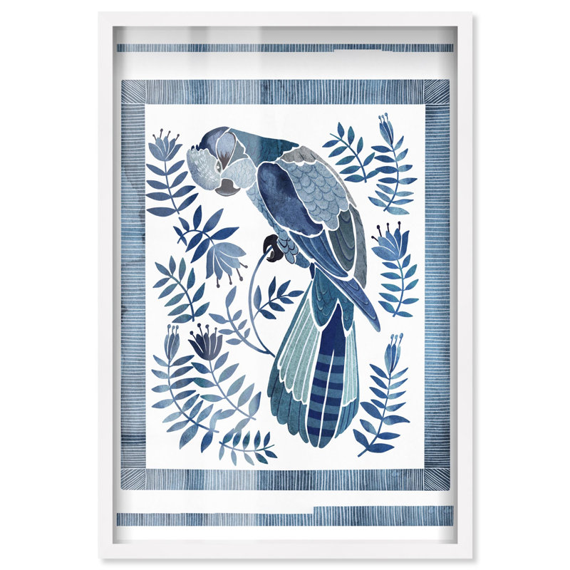 Cockatoo Chinoiserie, décor bleu, boîte-cadre par Art Remedy, H 21 po x l 17 po, Blanc
