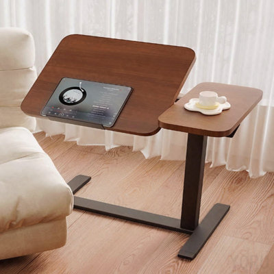 Overbed Bedside Desk - Mobile Rolling Laptop Stand, Adjustable Height - Walnut