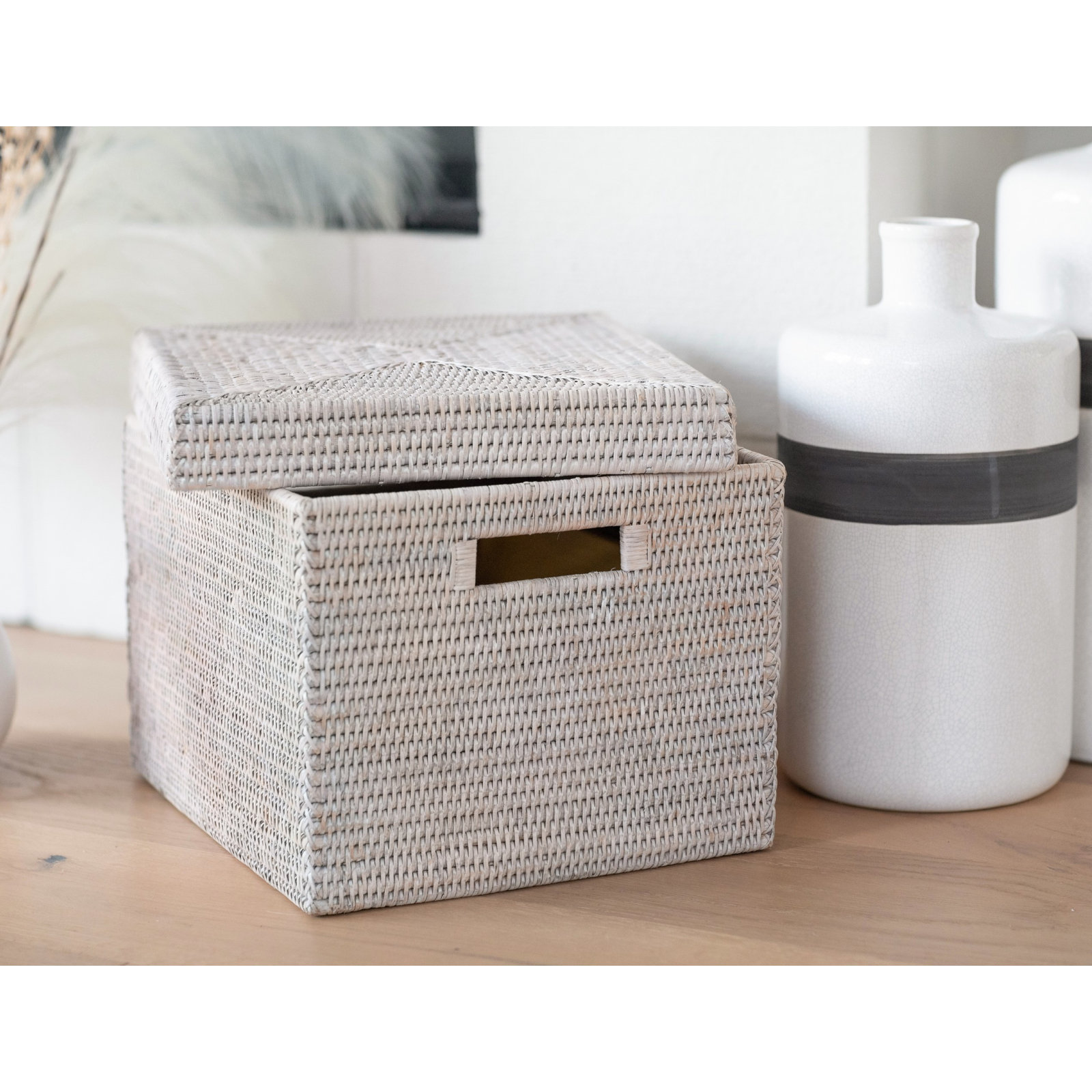 Handmade Rattan Storage Basket, White Wash