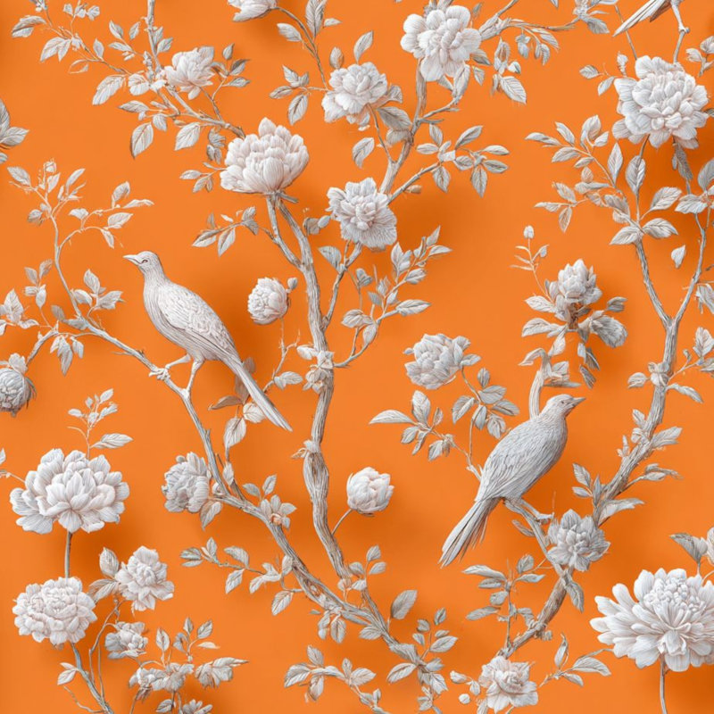 Papier peint floral, décoration murale amovible oiseaux orange