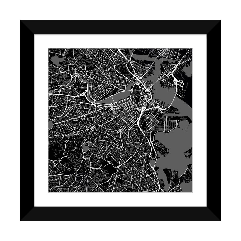« boston urban routes map », impression sur toile tendue en noir, H 24 po x l 24 po x P 1 po, Papier d'art encadré noir