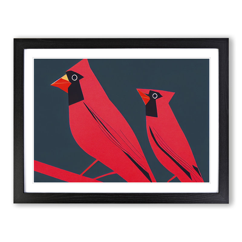 Cardinal Birds Abstract - Single Picture Frame Print, Black Framed, 34cm H x 46cm W x 2cm D