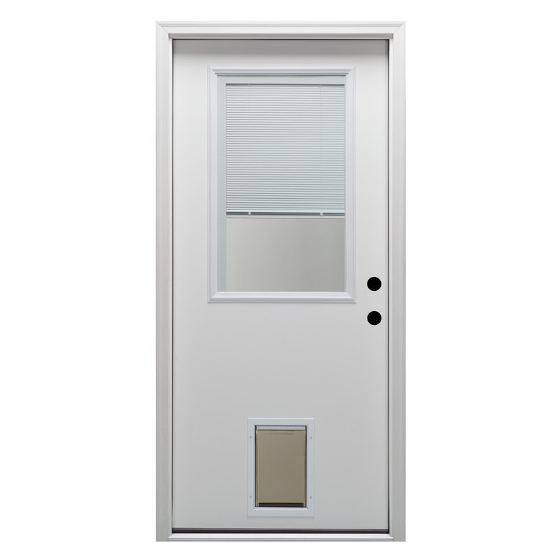 Porte d'entrée pré-suspendue en fibre de verre apprêtée avec stores internes et porte pour animaux, Gauche / Vers l'intérieur