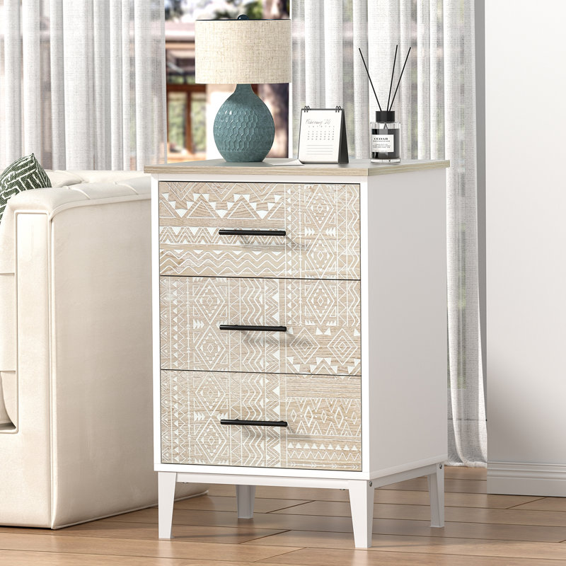 Lataja 3-Drawer Nightstand 28"H End Table White frame carved surface