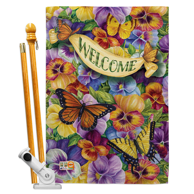 Pensées avec papillons polyester à 2 côtés 40 x 28 po ensemble de drapeau