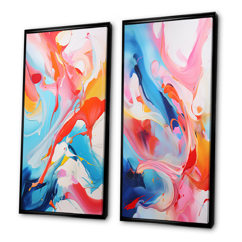 «Blue An Pink Paint Storm I», ensemble de 2 décorations murales à encre liquide abstraite, Cadre flottant noir