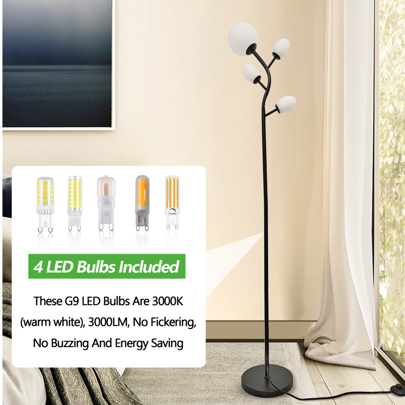 Modern Tree Standing LED Floor Lamp With Frosted Glass Shade, Black