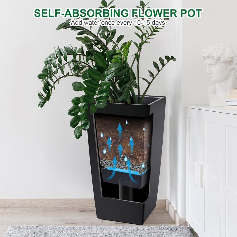 30 Inch Tall Rectangular Planters Set of 2, with Drainage Holes&Water Level Monitor&Wheels, Black