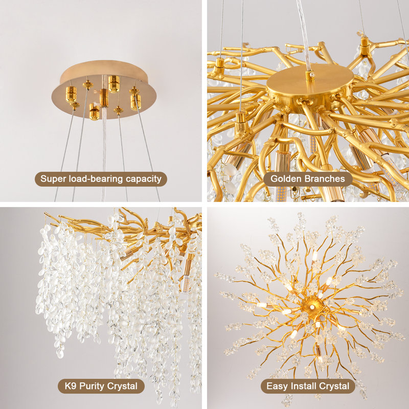 Grands lustres en cristal modernes à branches à intensité variable pour salle à manger, 6 lumières