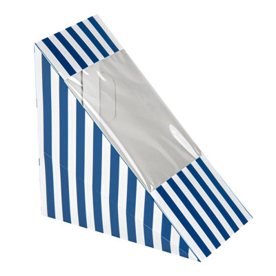 Restaurantware-Cafe Vision 4.8 x 2.8 Inch Sandwich Paper Boxes, 200 Medium Sandwich Wedge Boxes - With Window, Disposable, Blue And White Paper Triangle Sandwich Containers, Striped, Grease-Impervious