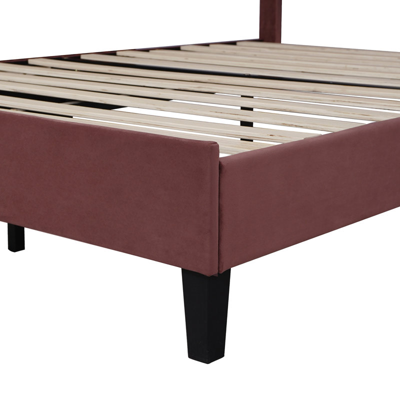 Bean Paste Red Bed With Velvet Flower Headboard - Upholstered Platform, Wood Frame, Extra Comfort, Partial Assembly, Easy Setup Full Size Platform In Red, Build, No Foundation Needed, Airy Mattress