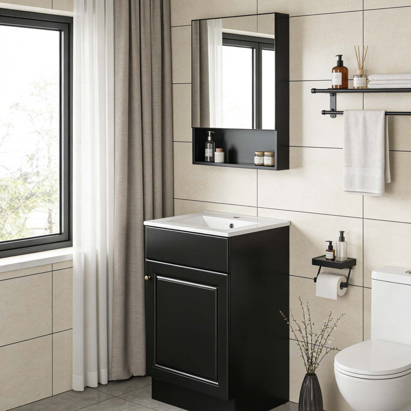 Meuble-lavabo de salle de bain avec lavabo, tablettes réglables, pour salle de bain moderne, Noir