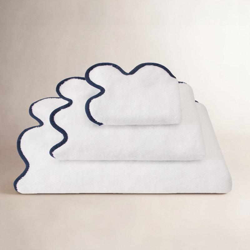 Scalloped Hand Towel, White/Navy, Hand Towel