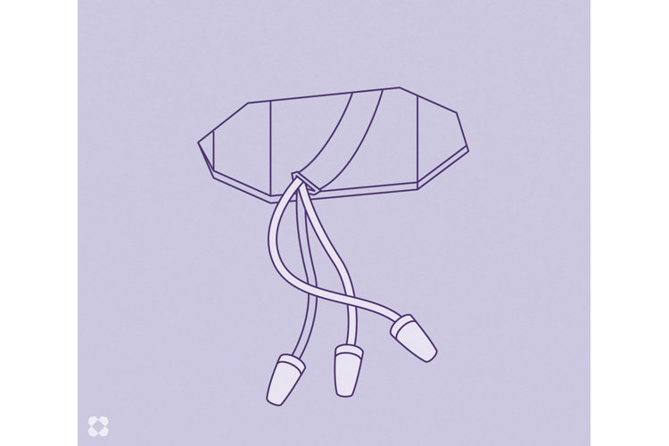 Illustration of a ceiling electrical box with three wires attached to wire connectors.