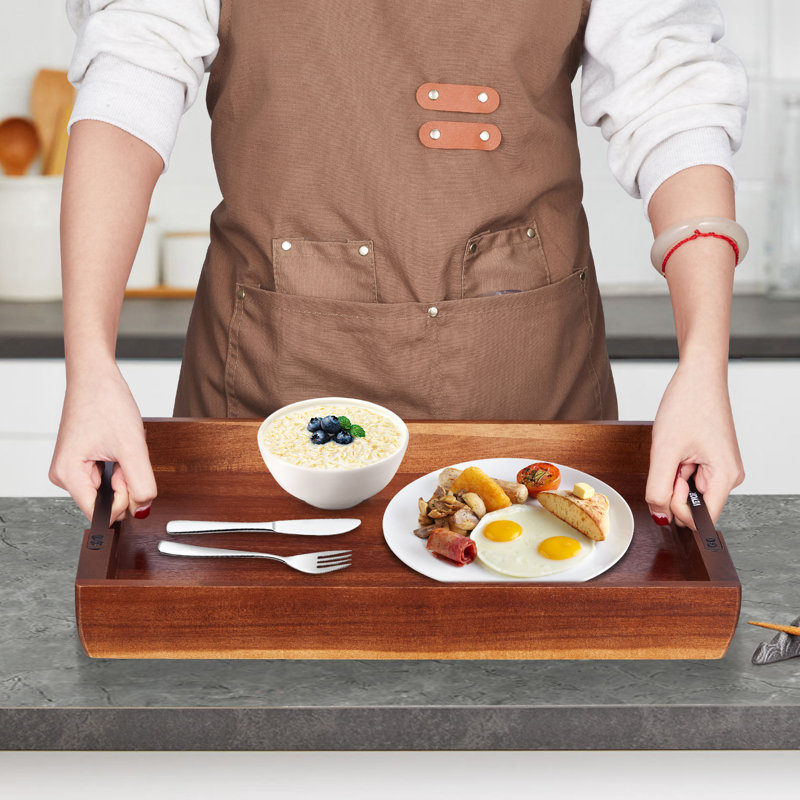 Plateau de service 17 x 12,2 pouces Acacia Table de service pour ordinateur portable avec poignées