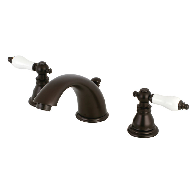 Kingston Brass American Patriot Two-Handle 3-Hole Deck Mount Widespread Bathroom Faucet with Retail Pop-Up Drain