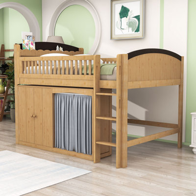 Lit mezzanine en bois avec éclairage à DEL, armoire de rangement et garde-robe