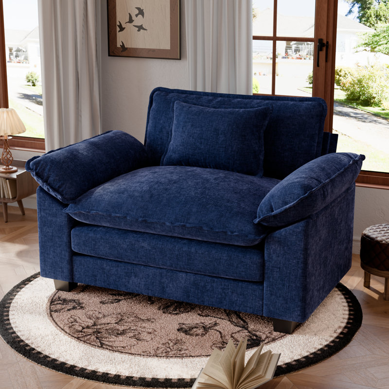49.5'' W Oversized Chenille Accent Chair, Comfy Single Sofa Chair, Upholstered Reading Armchair With Accent Pillow & Removable Cushions-Blue