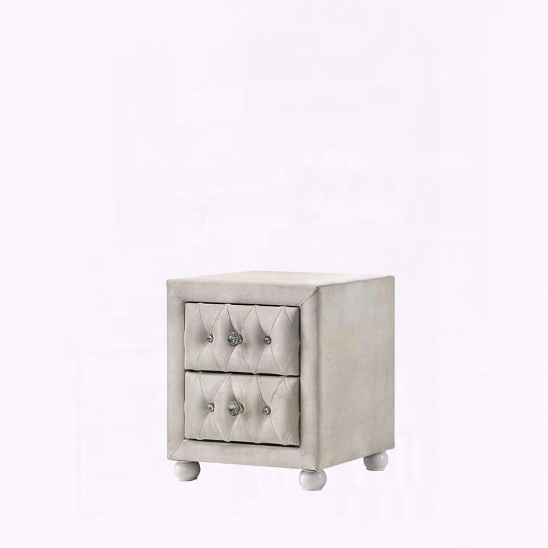 Reggie Beige Fabric Nightstand,2 Storage Drawers,Upholstered, Beige