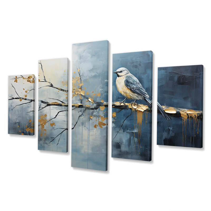  «Gold and Blue Bird Bloom Springtime II - Bird Tree Multipanel Wall Art for Living Room