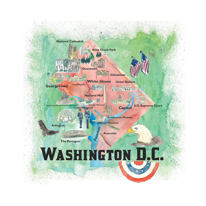 Washington DC USA Illustrated Travel Poster by Markus & Martina Bleichner - Painting on Canvas, Wrapped Canvas