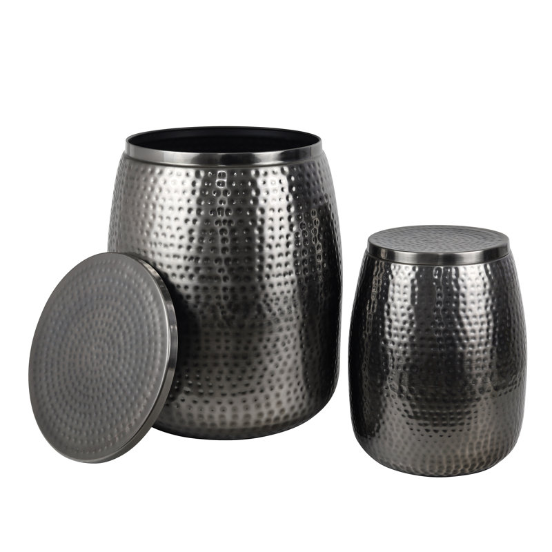 Merida Modern Rustic 2-Piece Hammered Metal Drum Storage Side Tables with Lids, Dark Grey