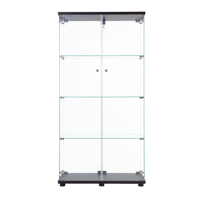 Tall 4-Shelf Glass Display Showcase, Black, 5Mm Thick Glass, Ideal For Storing Models, Dolls, And Decor, Fast Assembly Two Door Cabinet With 4 Shelves, Tempered Safe Trophy Decorations, Quick