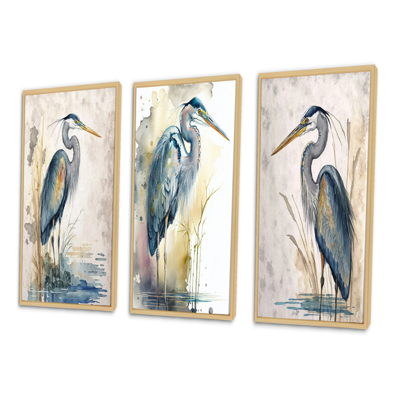 «Heron By The Waterside Watercolor I - Heron», ensemble de 3 reproductions d'art mural, H 32 po x l 48 po, Brun