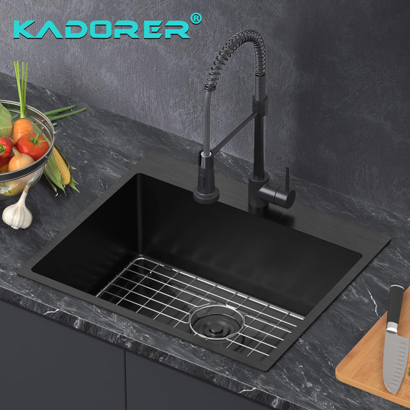 ForKitchen 25'' L Drop-In Single Bowl Stainless Steel Kitchen Sink, Matte Black