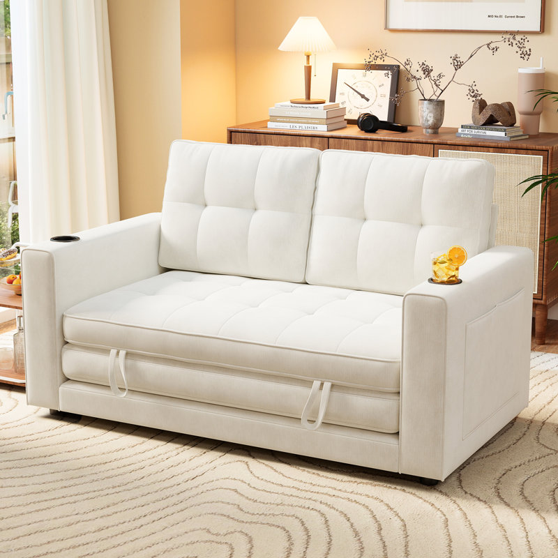 George 55" Upholstered Chenille Convertible Loveseat Sleeper Sofa with Cup Holder and Storage Pockets, Beige