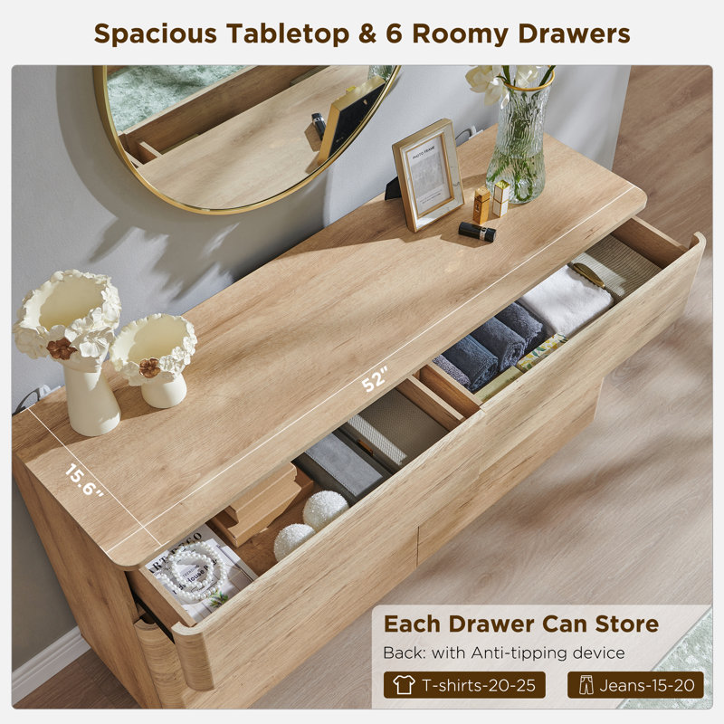 52''W Modern Double Dresser, Wood Chest of 6 Drawers, Natural Oak