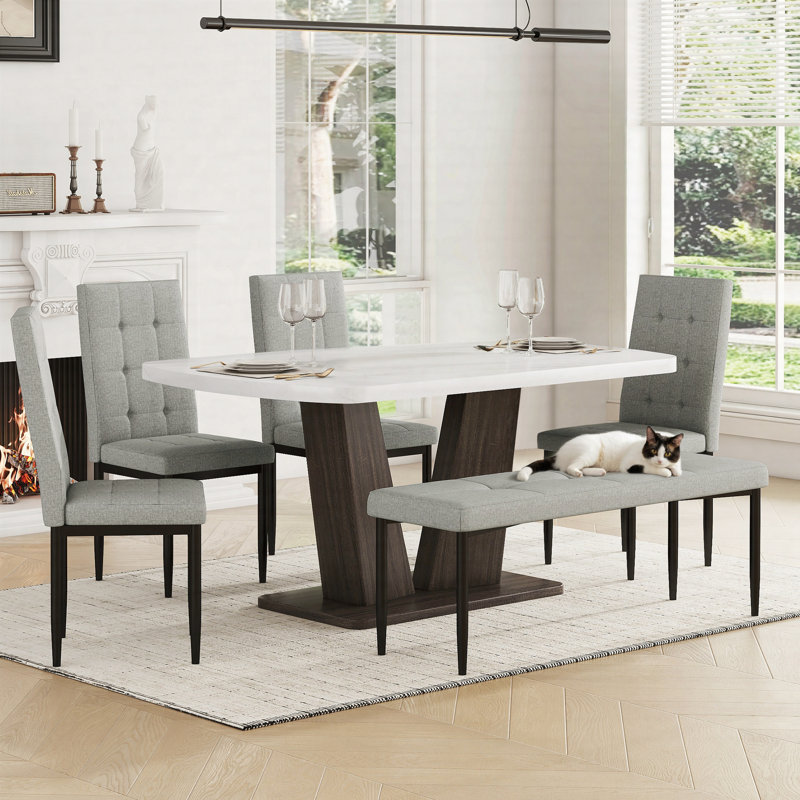 Ensemble de table de salle à manger 6 pièces en faux marbre avec pieds en forme de V et 4 chaises et banc rembourrés