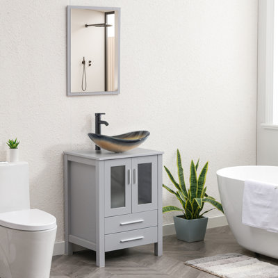 Finition de la base: finition du plateau blanc: meuble-lavabo simple autoportant bleu de 24 po avec comptoir en bois manufacturé